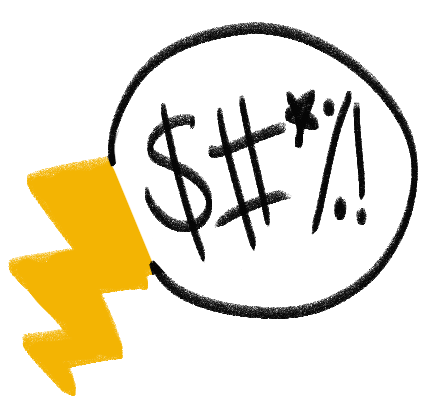A speech bubble coming from a yellow lightning bolt with a dollar sign, pound sign, star, and percent sign in it.